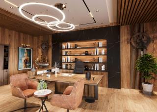 Bureau de direction boisé avec étagères éclairées, fauteuils et coin salon